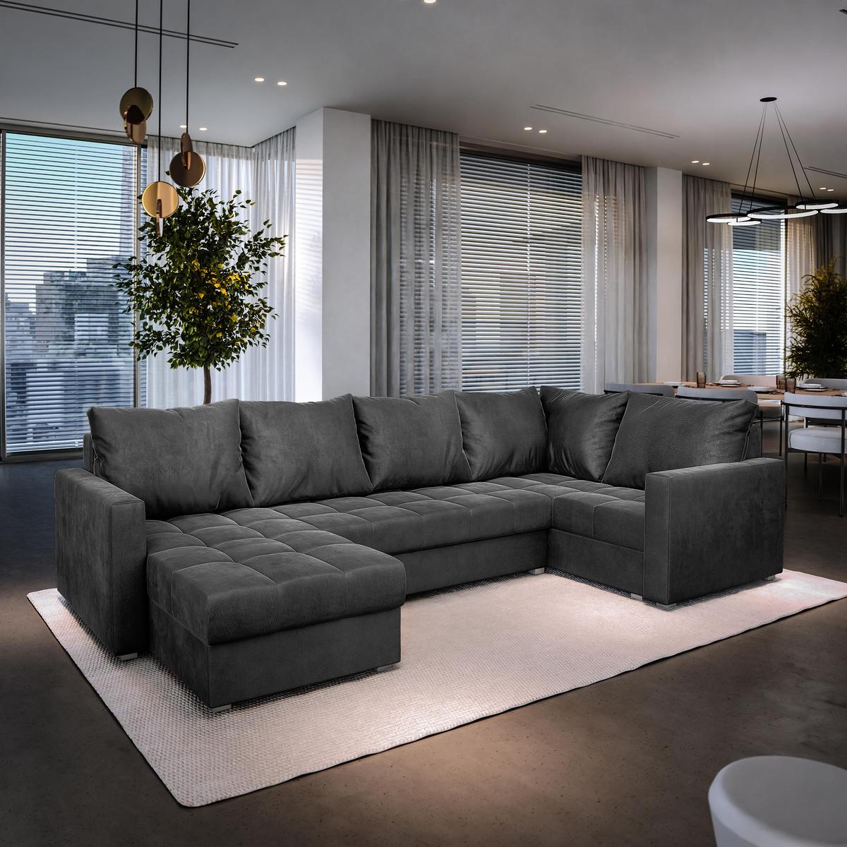 WOHNLANDSCHAFT LORIVO R-S Grau Plüsch-Stoff mit Schlaffunktion - Grau, Holz/Kunststoff (285/85/150cm) - MASSENO