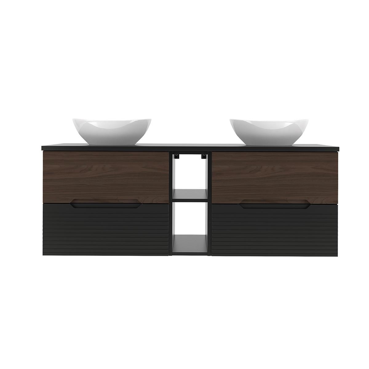 DOPPELWASCHTISCH 140.6cm Sylla Schwarz und Holz - Schwarz, Holzwerkstoff (140.6/52.2/45.8cm) - Petits-meubles