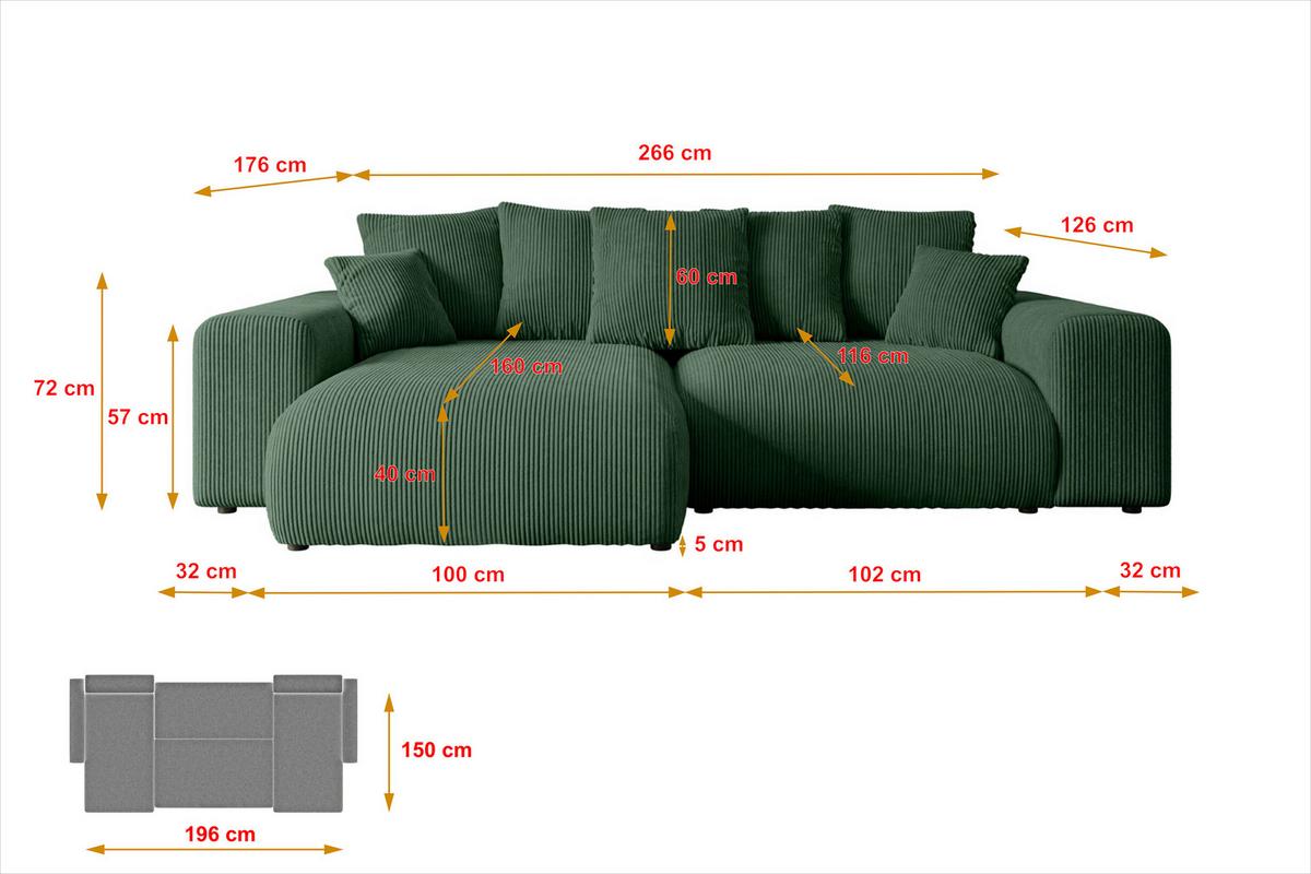 ECKSOFA Ottomane rechts ESKAR-L 266x176x72 Grün Cord - Schwarz/Grün, Holzwerkstoff/Kunststoff (176/266cm) - ALTDECOR