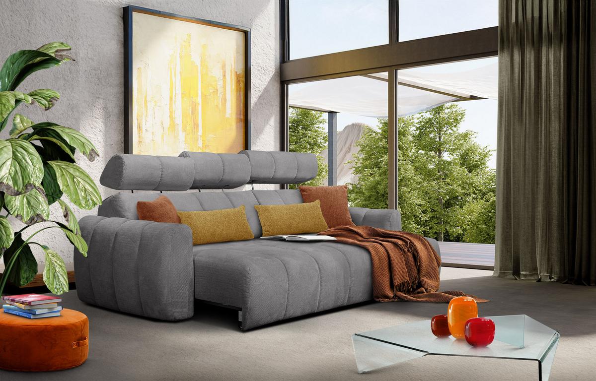 ECKSOFA KIMI 3-Sitzer, ausziehbarer Sitz, verstellbare Kopfstützen, grau - Schwarz/Grau, Holzwerkstoff/Textil (270/160cm) - Wozimo
