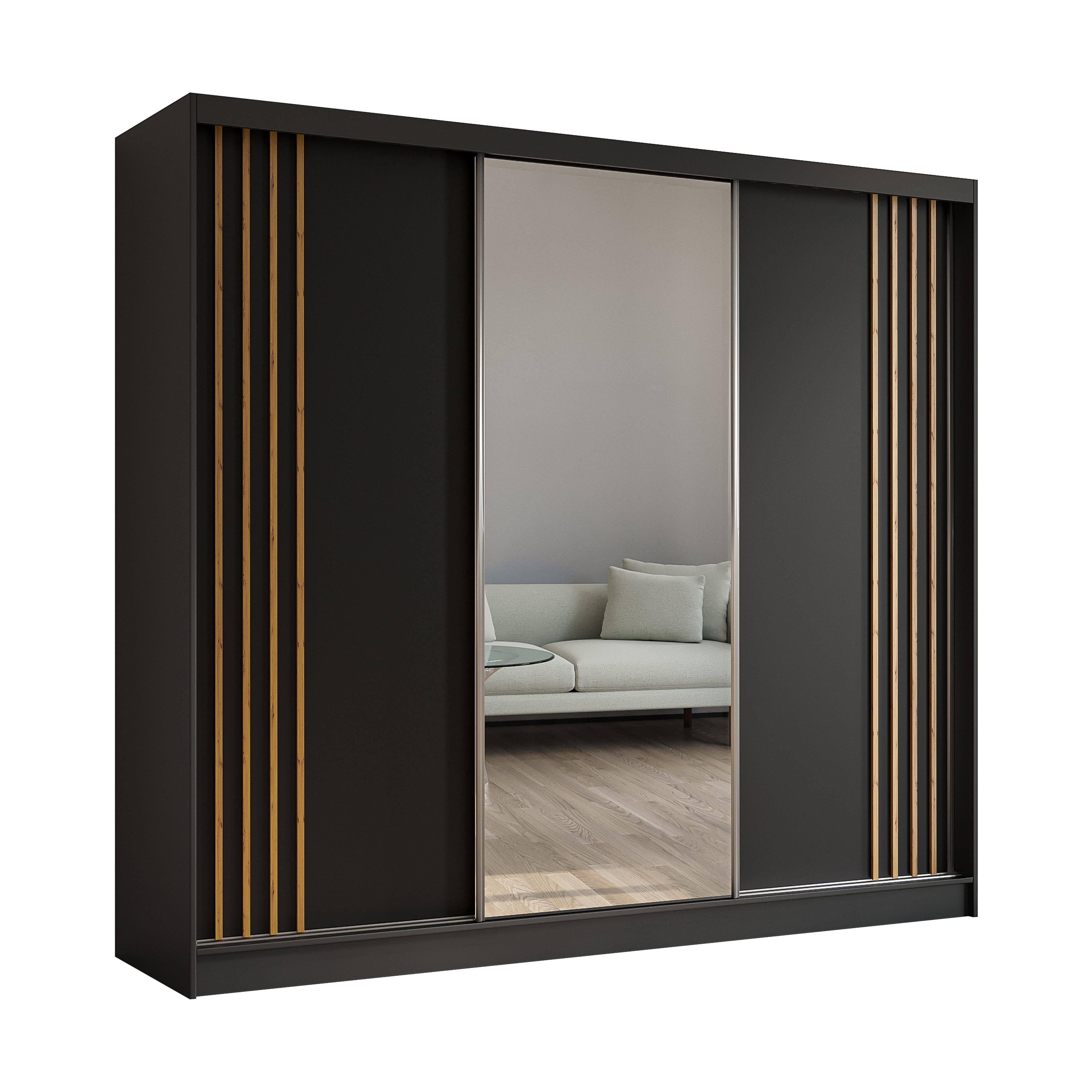 KLEIDERSCHRANK mit Spiegel-Schiebetüren und Aluminium-Leisten - NALLA - 240 cm Schwarz+Schwarz+Artisan - Anthrazit/Eiche Artisan, Holzwerkstoff (240/216/61cm) - ALTDECOR