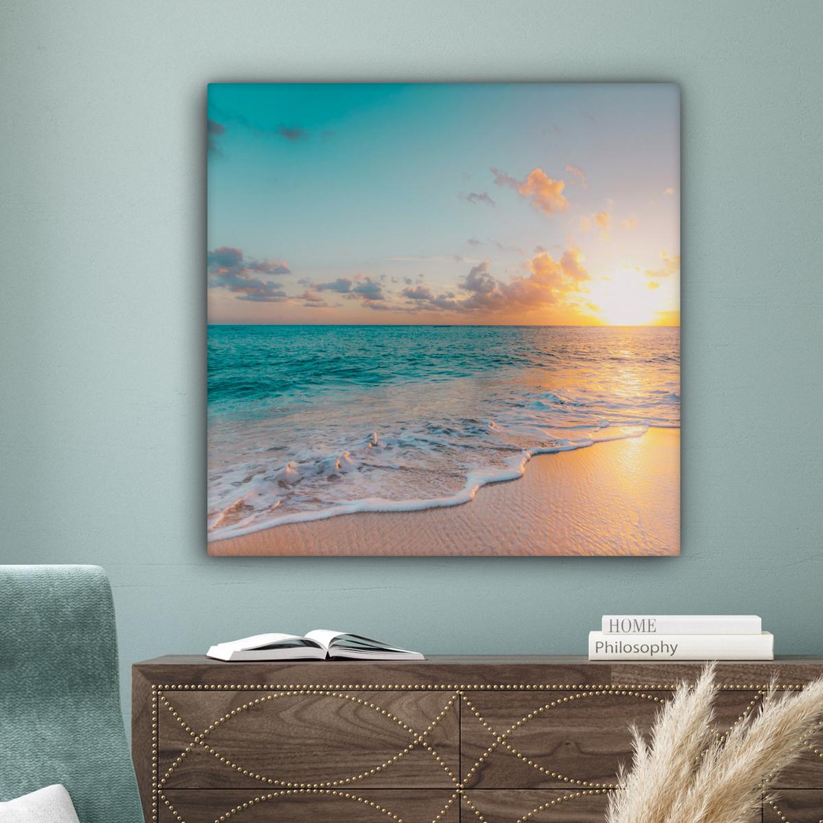 LEINWANDBILD Sonnenuntergang - Strand - Meer - Sommer - Blau Deko Groß 90x90 cm - Multicolor, Textil (90/90cm) - MuchoWow
