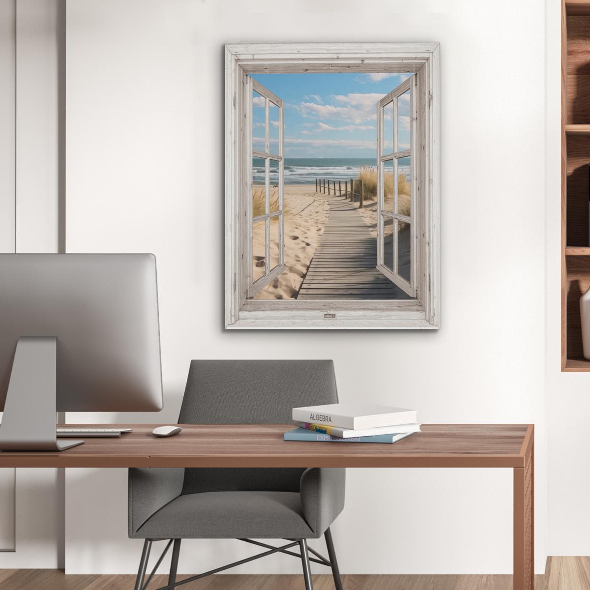 AKUSTIKBILD Fenster - Meer - Küste - Natur - Ausblick - Strand - Wattenmeer Wandbilder 60x80 cm - Beige, Kunststoff (60/80/0.9cm) - MuchoWow