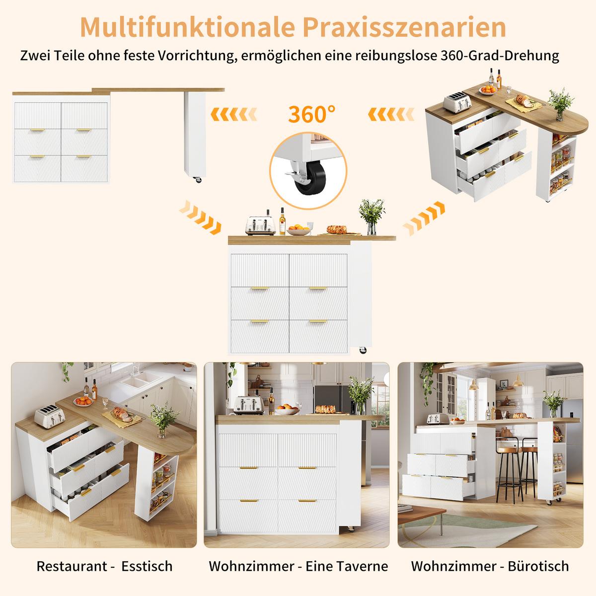 BARTISCH mit küchenbuffet 360° drehbar & 6 schubladen - Weiß, Holzwerkstoff (39/203/90cm) - Urban Meuble