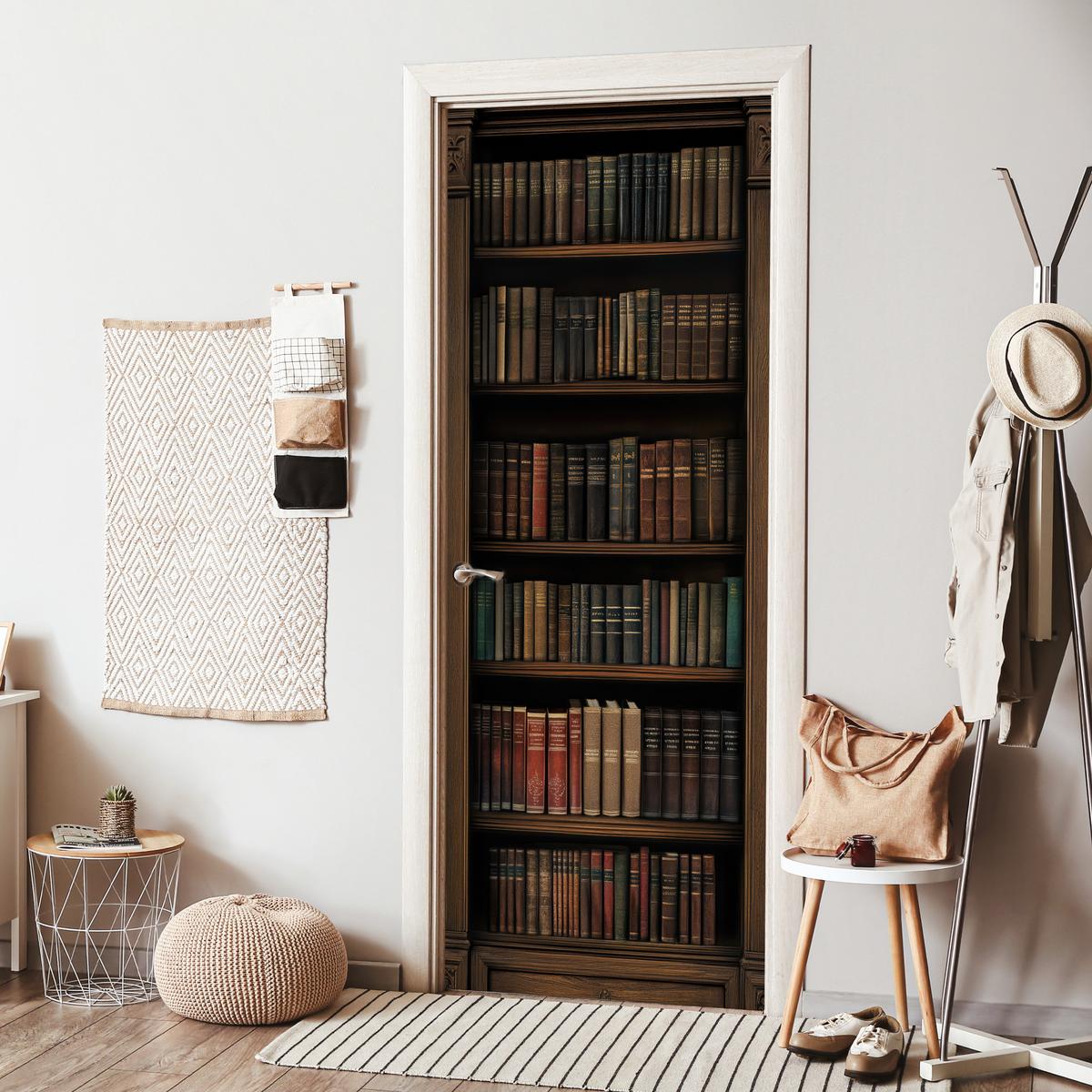 TÜRAUFKLEBER Bücherregal - Vintage - Braun 90x235 cm - Türtapete - Nussbaumfarben, Kunststoff (90/0.1cm) - MuchoWow
