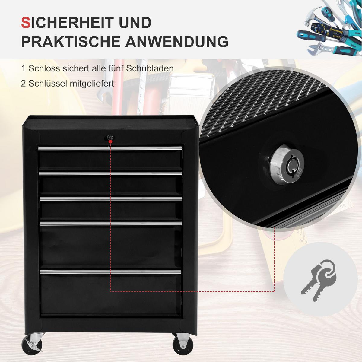 WERKSTATTWAGEN Werkzeugwagen leer abschließbar mit 5 Schubladen, 2 Schlüssel - Schwarz, Metall (33/82.5/61.5cm) - HOMCOM