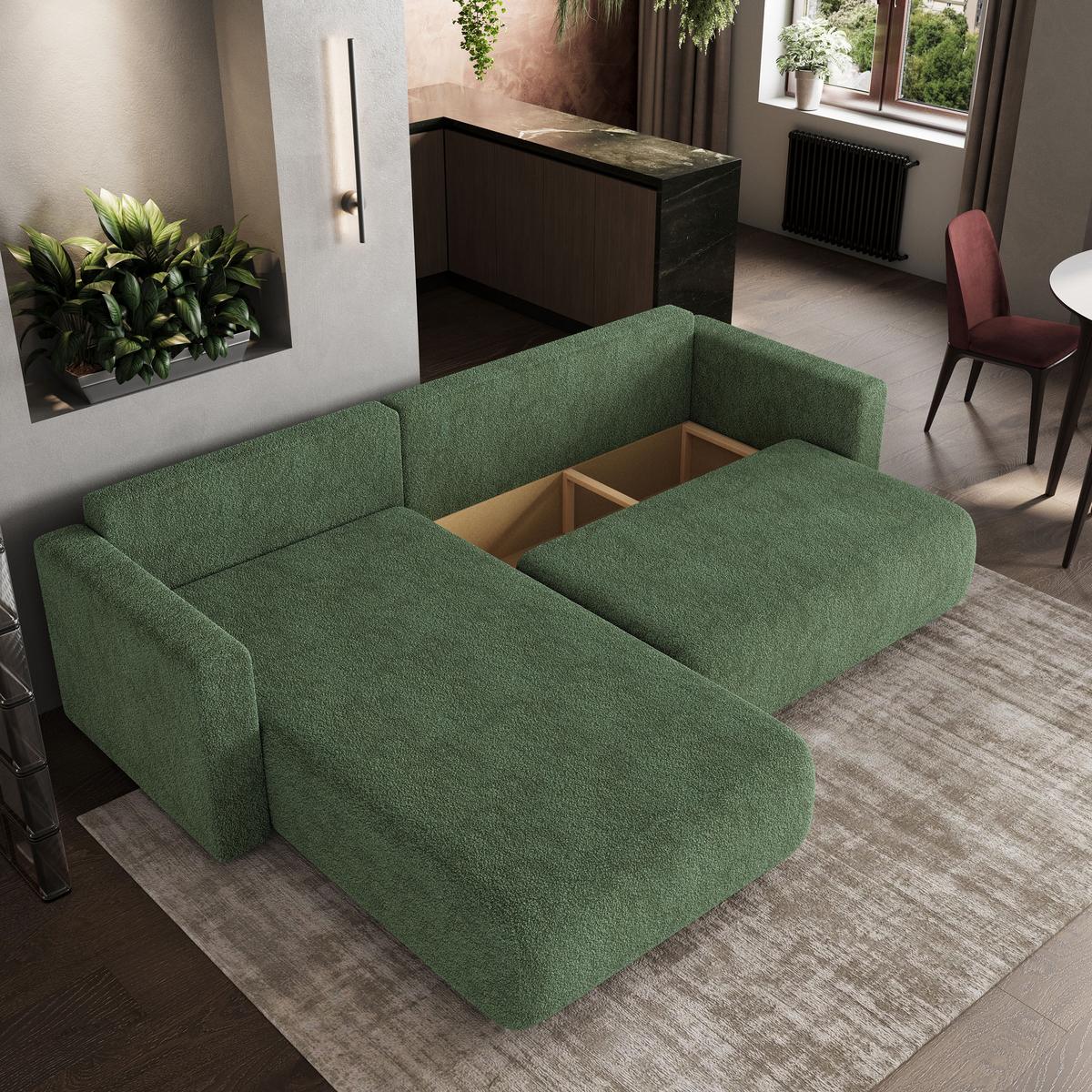 ECKSOFA TURIN N Grün Bucle-Stoff mit Schlaffunktion - Grau/Grün, Holz/Kunststoff (265/183cm) - MASSENO