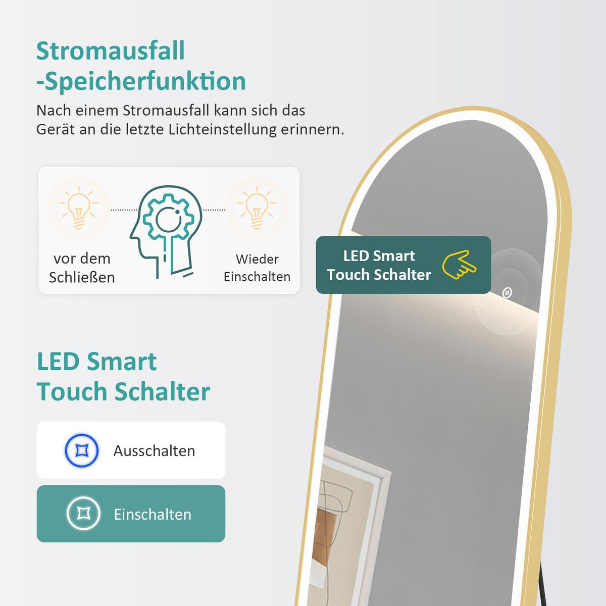 STANDSPIEGEL mit Beleuchtung und Rahmen Gold 147/45 cm - Goldfarben, Glas/Metall (45/147/147cm) - EMKE