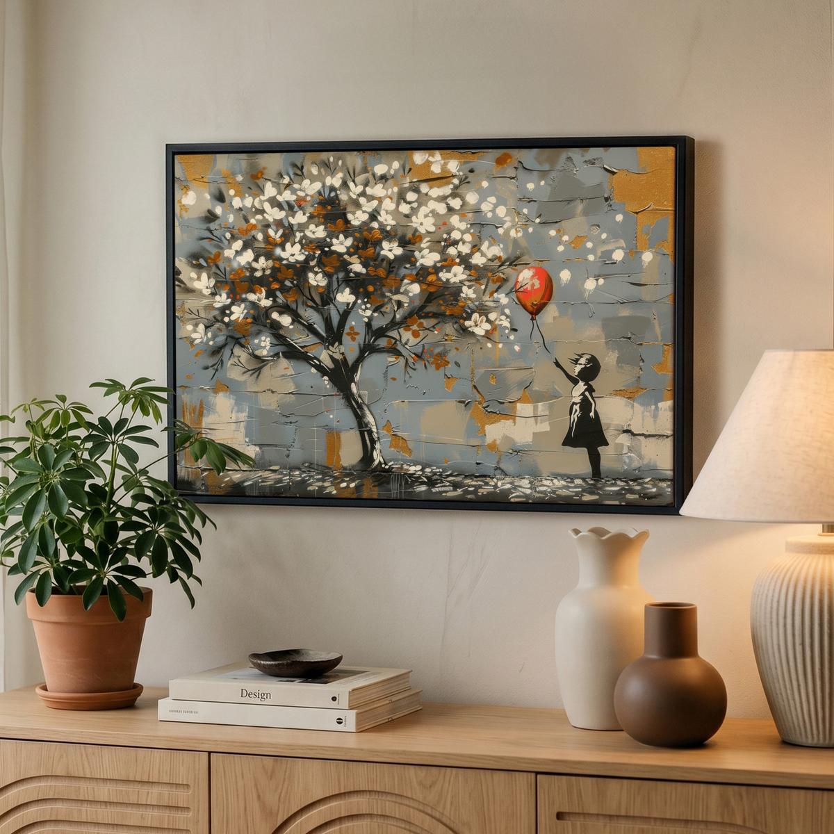 LEINWAND Bilder mit Rahmen - Baum - Graffiti - Banksy-Stil - Ballon-Mädchen - 60x40 - Blaugrau, Textil (60/40cm) - MuchoWow