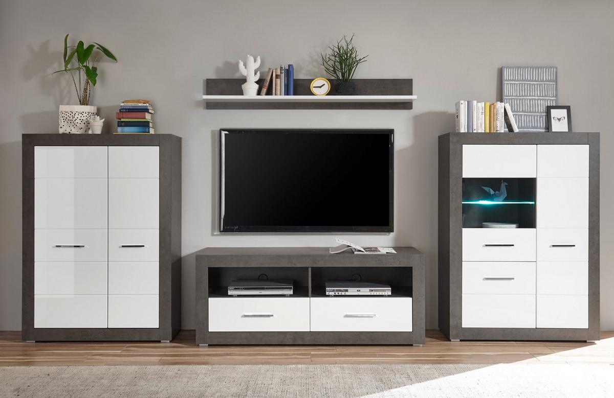 TV-LOWBOARD weiß Hochglanz, grau Stone, TV Unterteil mit Komforthöhe 150 cm - Chromfarben/Weiß Hochglanz, Holzwerkstoff/Kunststoff (150/61/45cm) - Furn.Design