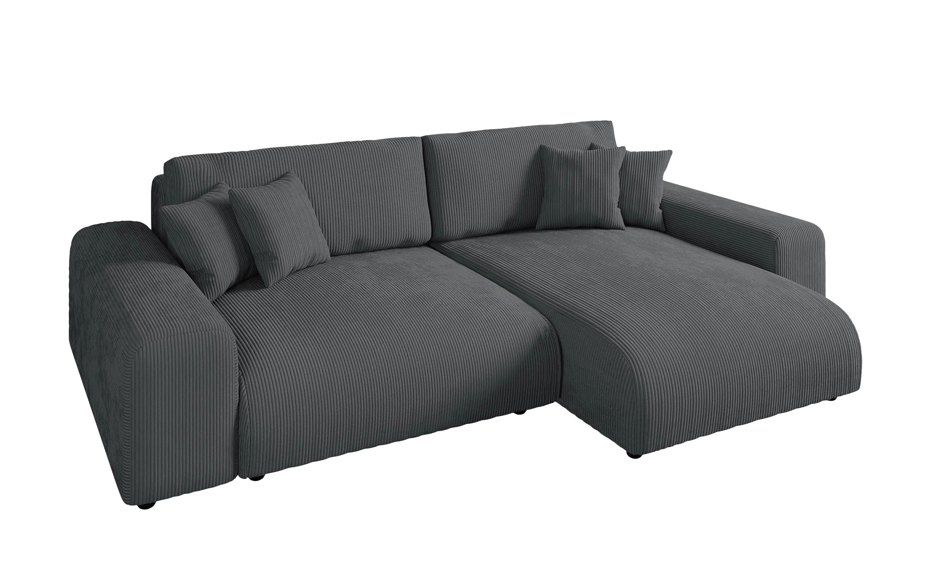 ECKSOFA mit Schlaffunktion, Bettkasten, Wellenunterfederung, seitenverkehrt montierbar B255/T165/H84 cm, Liegefl. 148x196 cm, Cord Grau / 21006 - Schwarz/Grau, Kunststoff/Textil (255/165cm) - luma-home