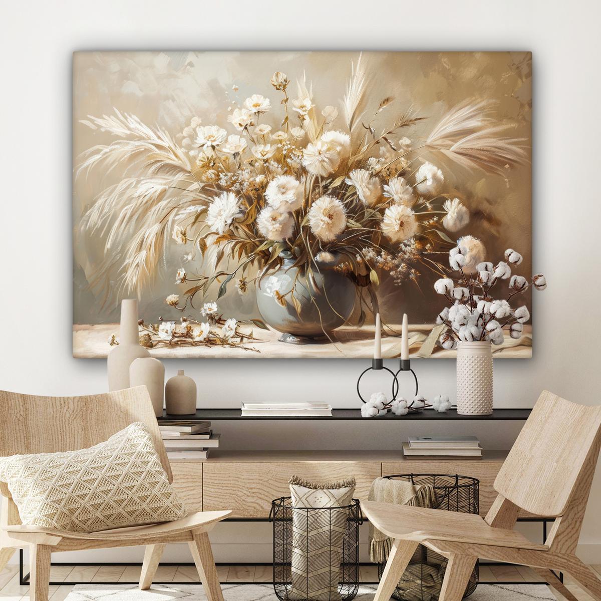 LEINWANDBILD Blumen - Vase - Stilleben - Beige Wohnzimmer Groß 120x80 cm - Creme, Textil (120/80cm) - MuchoWow