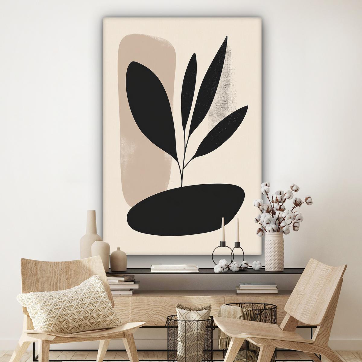 LEINWANDBILD Pflanze - Beige - Japanisch Deko Groß 90x140 cm - Schwarz, Textil (90/140cm) - MuchoWow