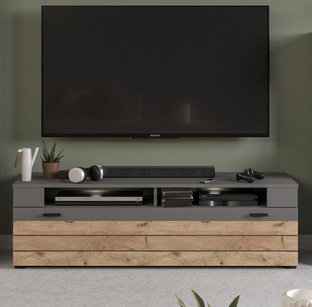 TV-LOWBOARD Eiche, grau matt 140 cm, TV Unterteil mit 4 Fächern - Eichefarben/Schwarz, Holzwerkstoff/Kunststoff (140/43/40cm) - Inn.Furn