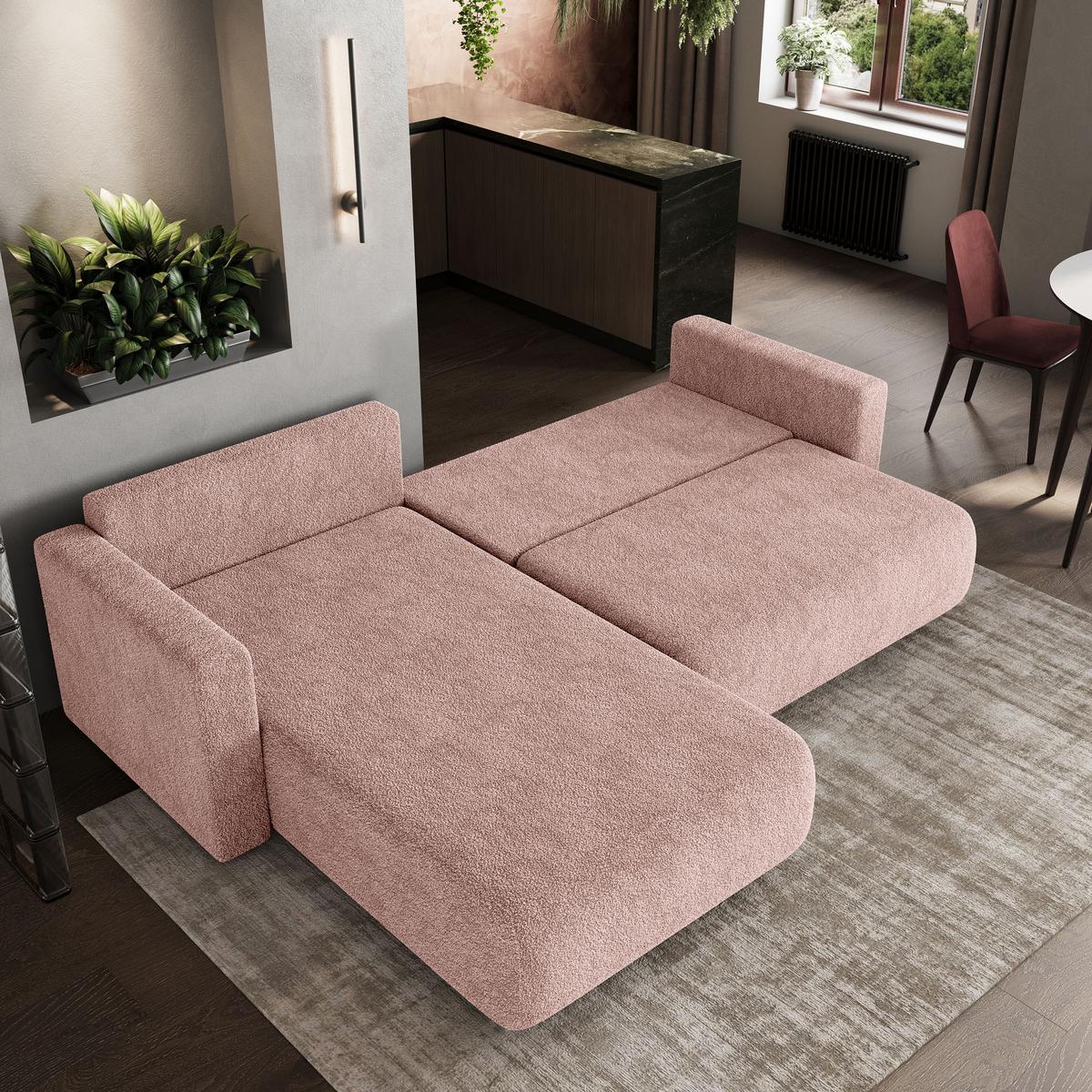 ECKSOFA TURIN N Rosa Bucle-Stoff mit Schlaffunktion - Rosa/Grau, Holz/Kunststoff (265/183cm) - MASSENO
