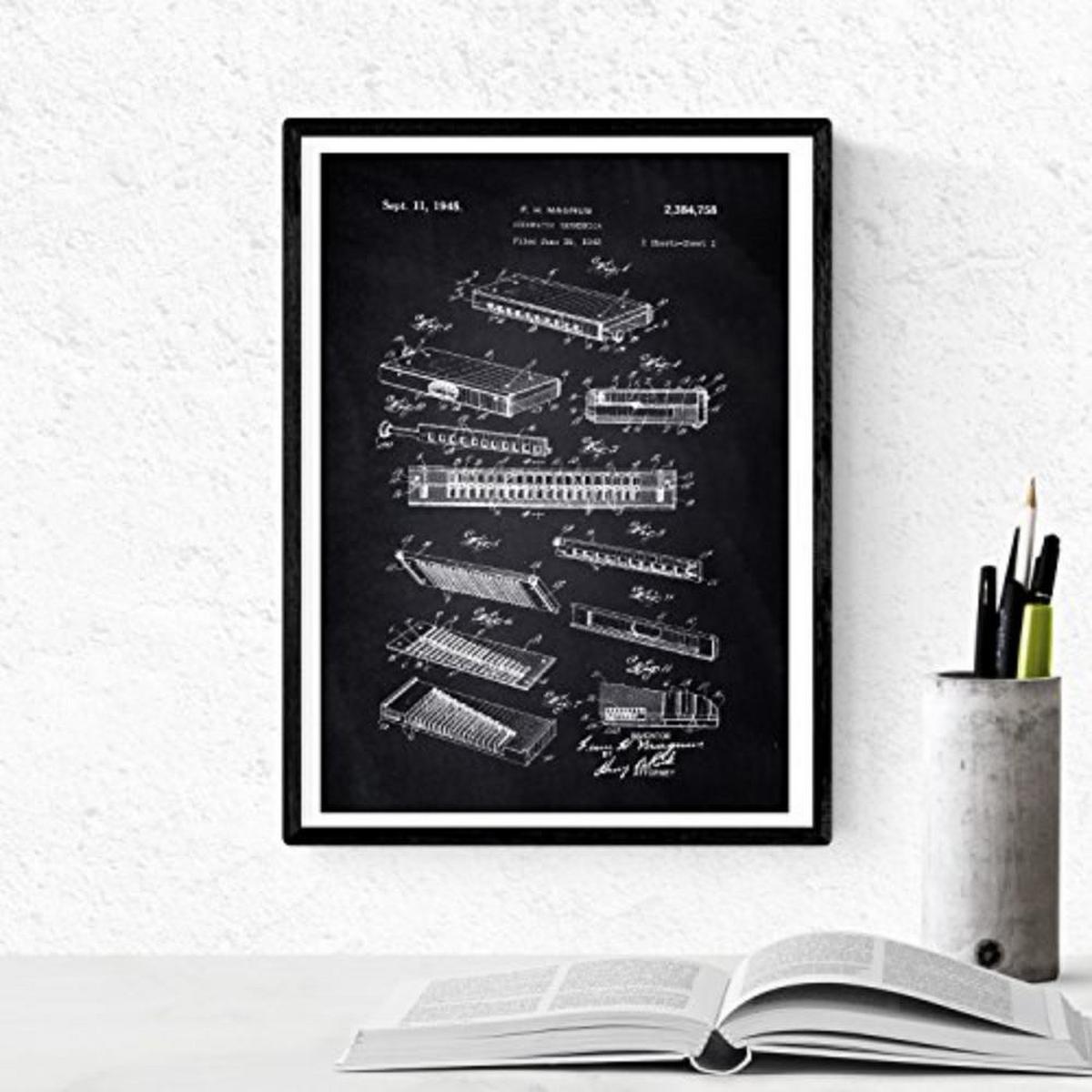 POSTER Set mit 4 Schwarz Patent für Musikinstrumente A4 Schwarzer Rahmen - Schwarz, Papier (29.7/3cm) - Nacnic