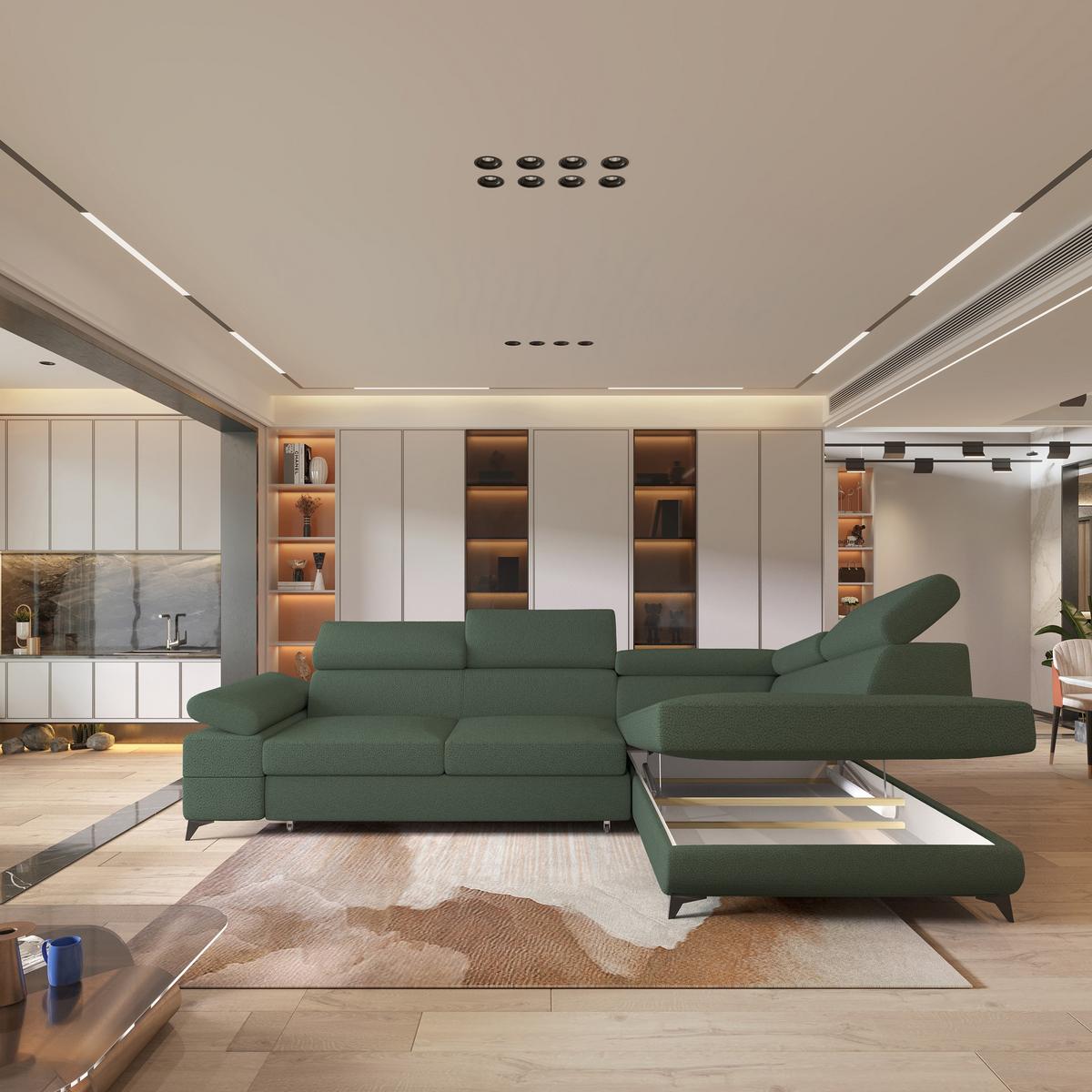 ECKSOFA FAVIEN R-S Grün Boucle-Stoff mit Schlaffunktion - Grün, Holz (257/190cm) - MASSENO