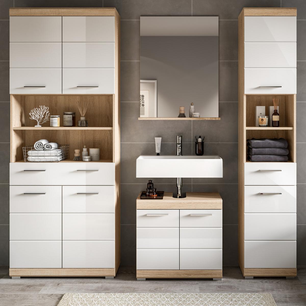 BADMÖBEL-SET weiß Hochglanz, Eiche 4-teilig 186 cm, viel Stauraum - Weiß Hochglanz/Eichefarben, Holzwerkstoff (186/191/34cm) - Inn.Furn
