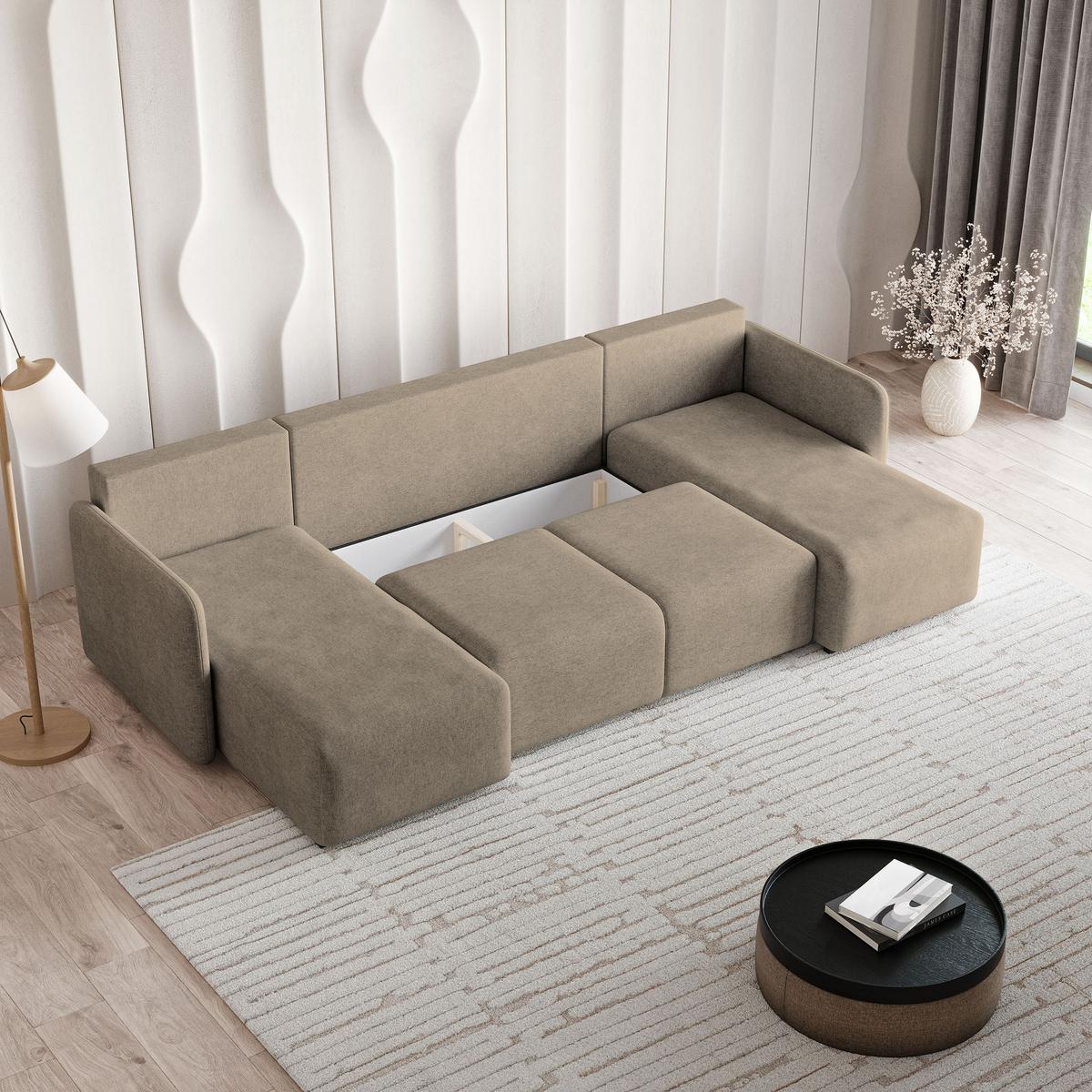 WOHNLANDSCHAFT NUBERO Braun Geflochtener Stoff mit Schlaffunktion - Braun, Holz (285/85/143cm) - MASSENO