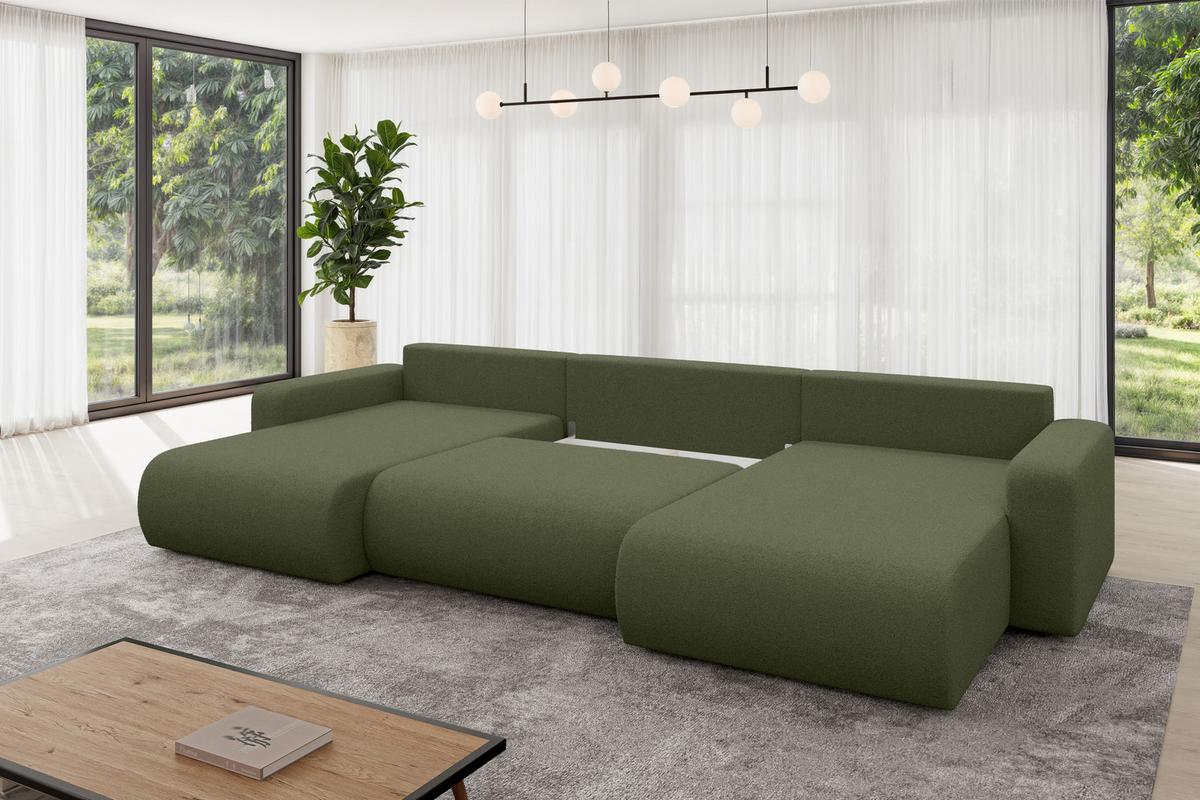 WOHNLANDSCHAFT mit Schlaffunktion und Bettkasten BERY-U 377x193x88 Grün Bouclé - Schwarz/Olivgrün, Holzwerkstoff/Kunststoff (377/88/193cm) - ALTDECOR