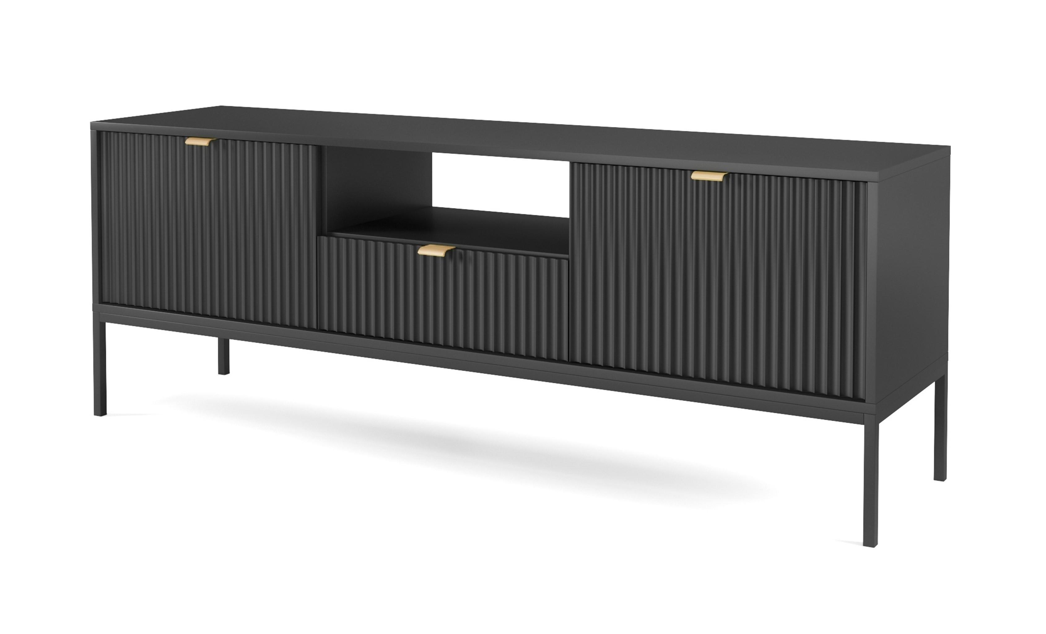 LOWBOARD Eternas 2T 1S Schwarz 154/56/39 cm – schwarze Füße, mit geriffelten Fronten und offener Ablage - Schwarz, Holzwerkstoff (154/56/39cm) - AX Living