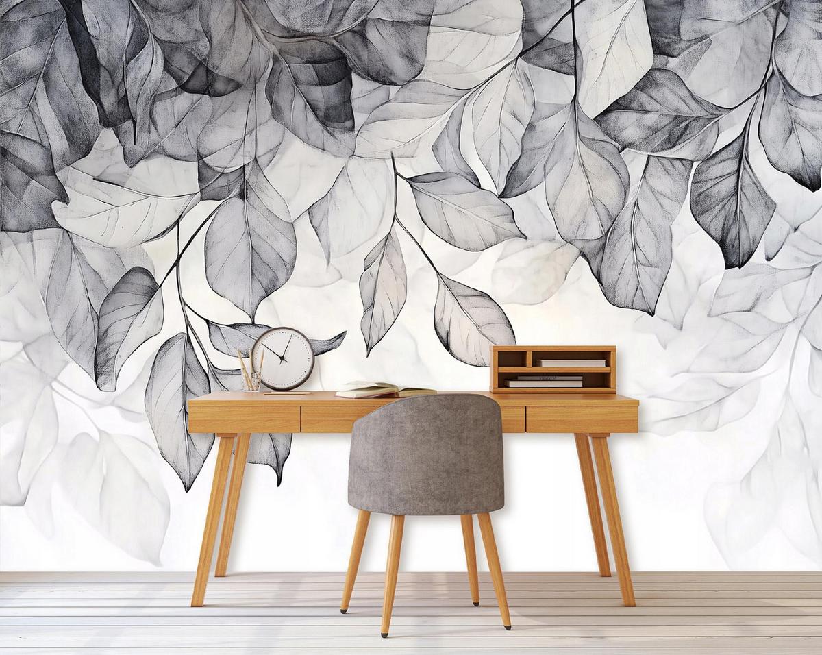 FOTOTAPETE Blätter Grau Natur Wohnzimmer Vlies Tapete 350x250 - Grau, Papier (350/250cm) - Wallarena