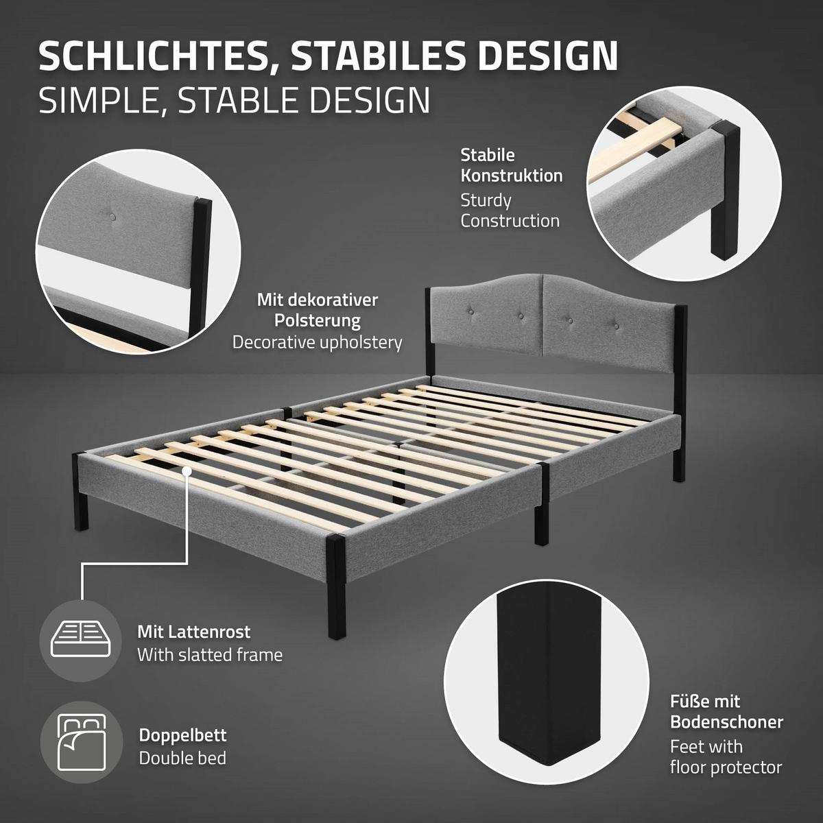 POLSTERBETT 140x200 cm Grau mit Lattenrost und Leinenstoff - Grau, Holzwerkstoff/Textil (140/200cm) - ML-DESIGN