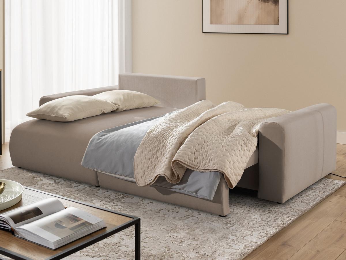 ECKSOFA Calma mit Schlaffunktion und Bettkasten im Bumpy-Design aus weichem Greige Webstoff - Ottomane links - Greige/Schwarz, Holz/Kunststoff (239/140cm) - S-Style