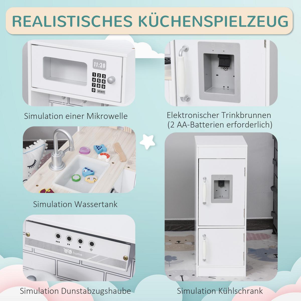 KINDERKÜCHE Spielküche mit elektronischem Wasserspender, Backofen, Weiß - Weiß, Holzwerkstoff (86/64/84.5cm) - HOMCOM
