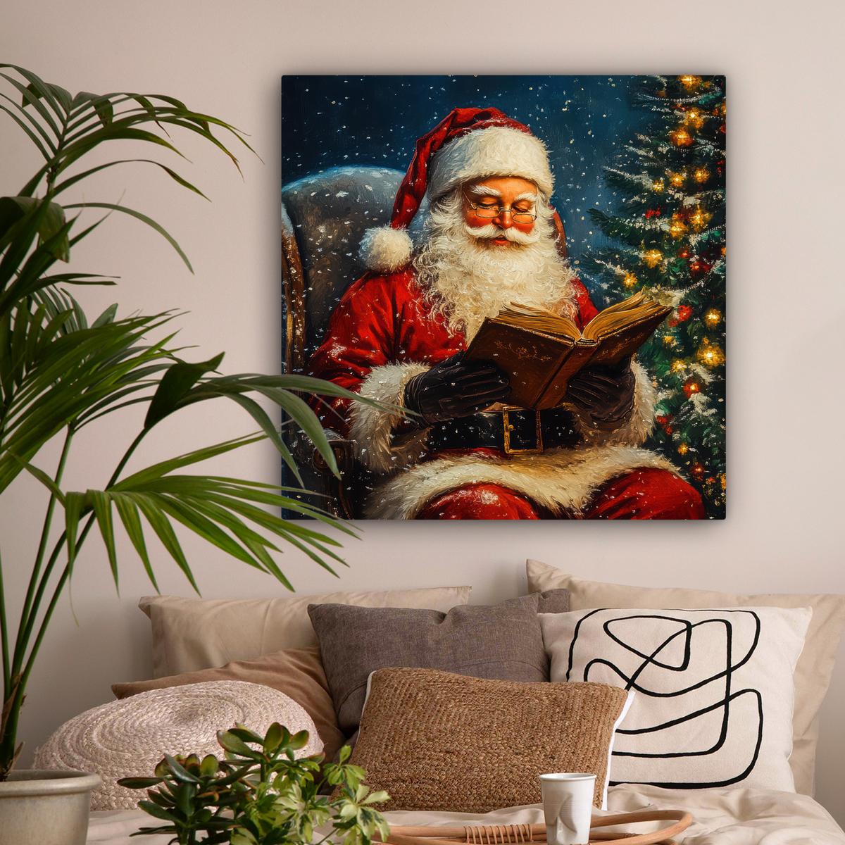 LEINWANDBILD Weihnachtsmann - Weihnachten - Winter - Weihnachtsbaum Deko Groß 90x90 cm - Bordeaux, Textil (90/90cm) - MuchoWow