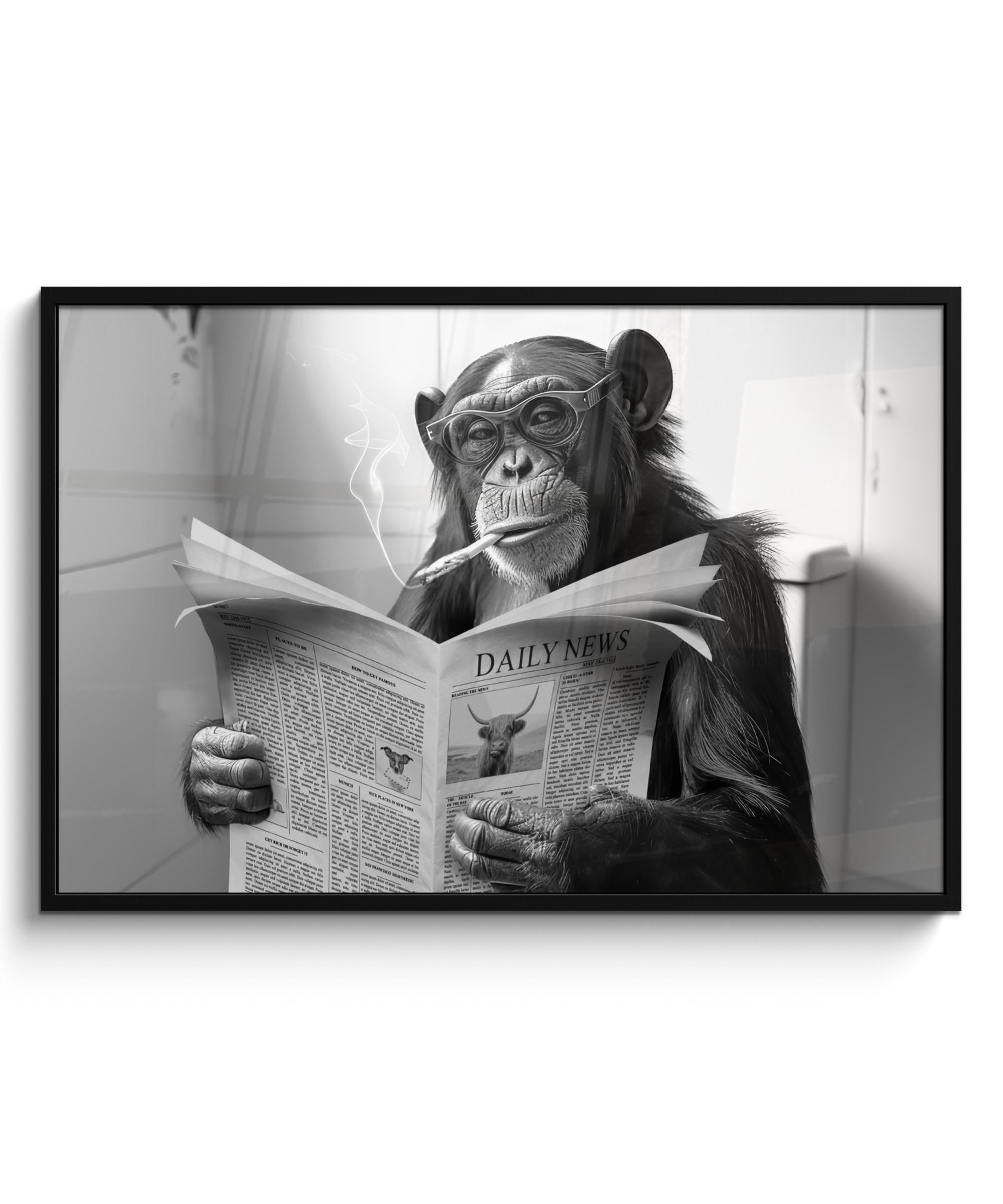 POSTER MIT RAHMEN Affe - WC - Zeitung - Schwarz-Weiß - Humor 120x80 cm - Hellgrau, Papier (120/80cm) - MuchoWow