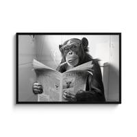 POSTER MIT RAHMENGERAHMTES BILD Affe - WC - Zeitung - Schwarz-Weiß - Humor 120x80 cm - Hellgrau, Papier (120/80cm) - MuchoWow
