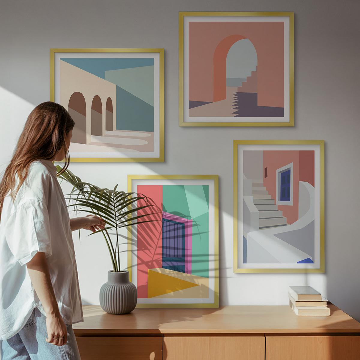 BILDER SET 4er Set - 50x50 cm & 40x60 cm Goldrahmen - Farbenfrohe moderne Gebäude - Goldfarben, Kunststoff (50/50cm) - TULUP