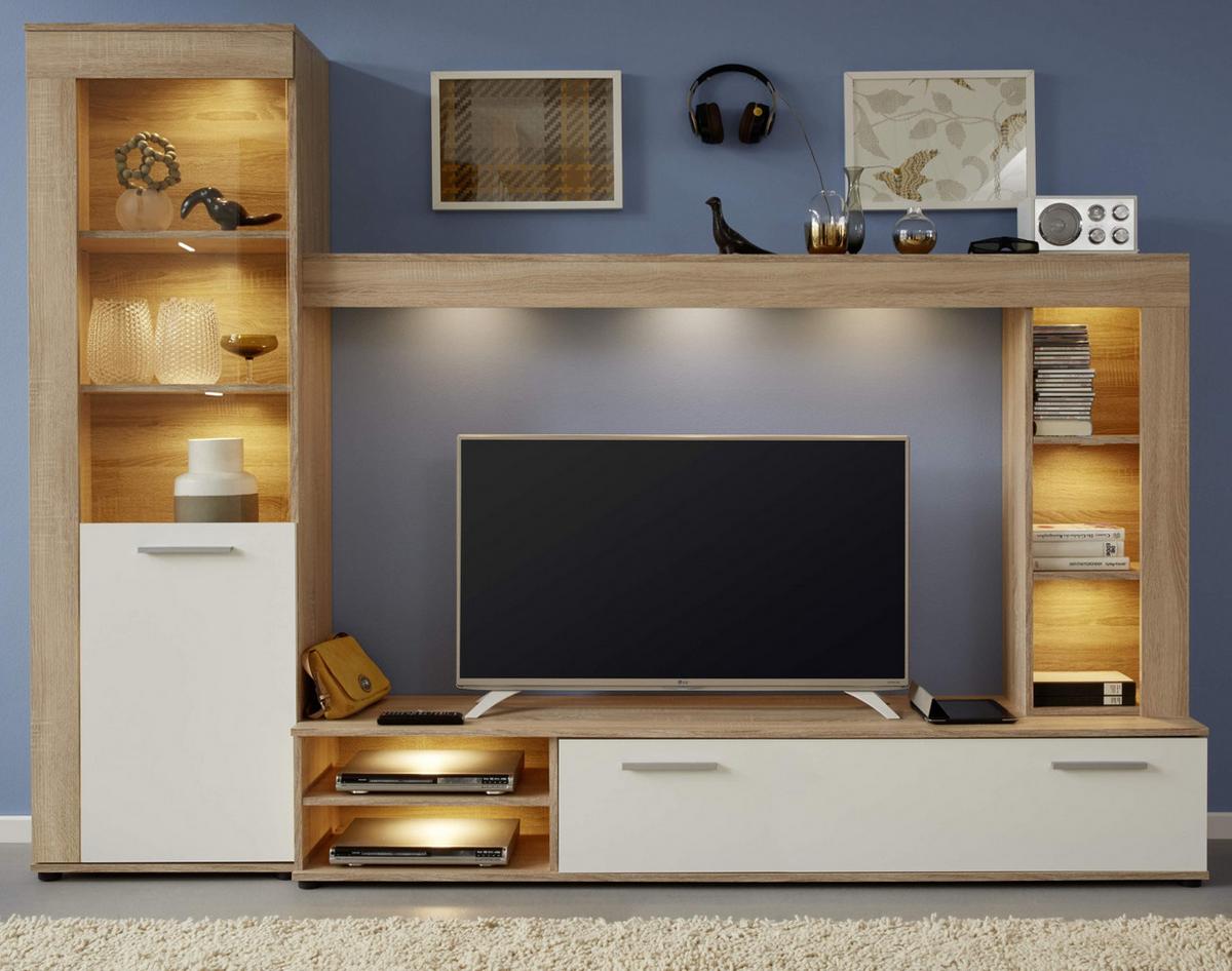 WOHNWAND Sonoma Eiche hell sägerau, weiß 240 cm, Schrankwand mit viel Stauraum - Silberfarben/Schwarz, Holzwerkstoff/Kunststoff (240/185/41cm) - Top.Furn