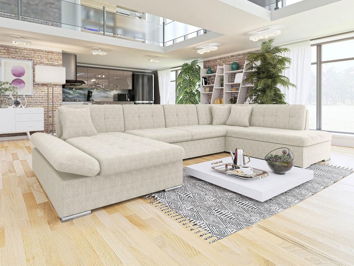 WOHNLANDSCHAFT Bergen Cord, Seite: Links - Beige/Silberfarben, Holz/Textil (345/76/205cm) - MIRJAN24
