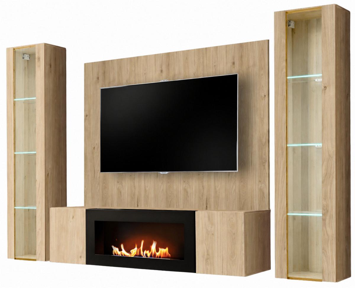WOHNWAND Eiche Jackson 4-teilig 260 cm hängend, Schrankwand mit LED-Beleuchtung und Ethanol Kamin - Eichefarben, Glas/Holzwerkstoff (260/170/40cm) - Inn.Furn