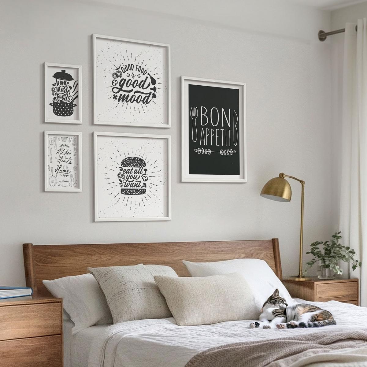 BILDER SET 5er Set - 50x50 cm & 20x30 cm & 40x60 cm Weißer Rahmen - Grafiken, Lebensmittel, kulinarische Slogans - Weiß, Kunststoff (40/60cm) - TULUP