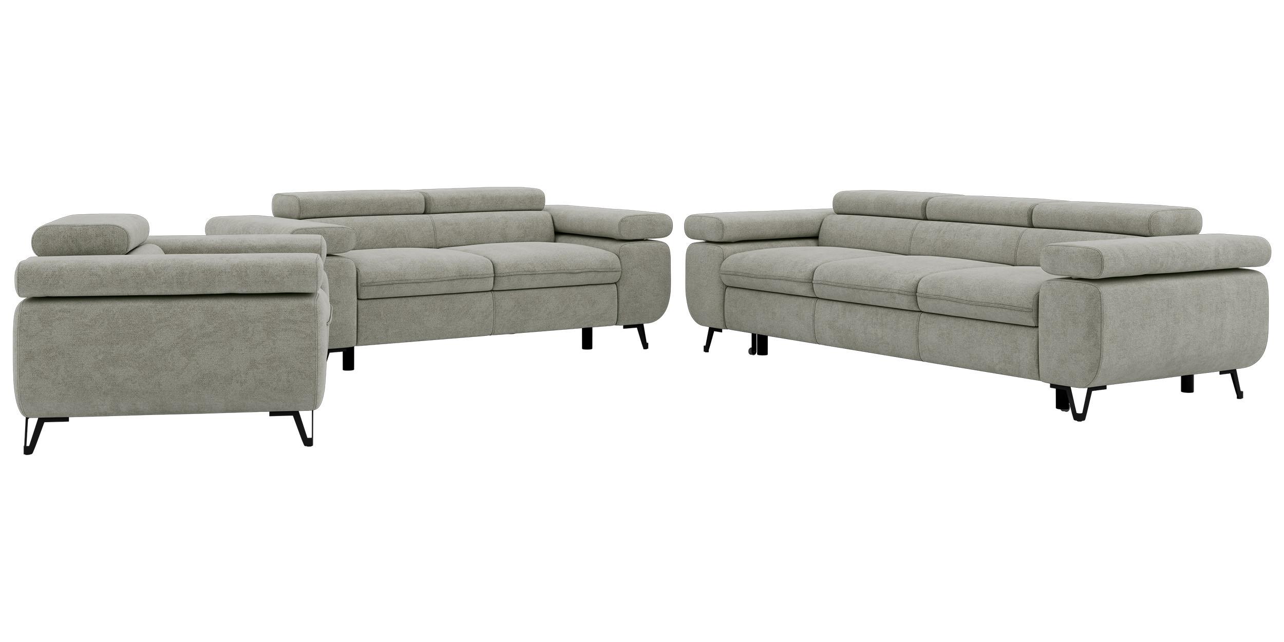 SITZGARNITUR PETER 1+2+3 mit Schlaffunktion - Hellgrau Stukture - Hellgrau/Schwarz, Textil/Metall (262/76/99cm) - MKS