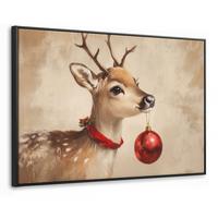 LEINWAND Bilder mit Rahmen - Weihnachten - Hirsch - Geweih - Weihnachtskugel - Rentier - 90x60 - Hellbraun, Textil (90/60cm) - MuchoWow