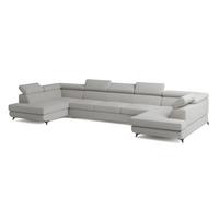 WOHNLANDSCHAFT URMANO Hellgrau Boucle-Stoff mit Schlaffunktion - Hellgrau, Holz (395/89/190cm) - MASSENO