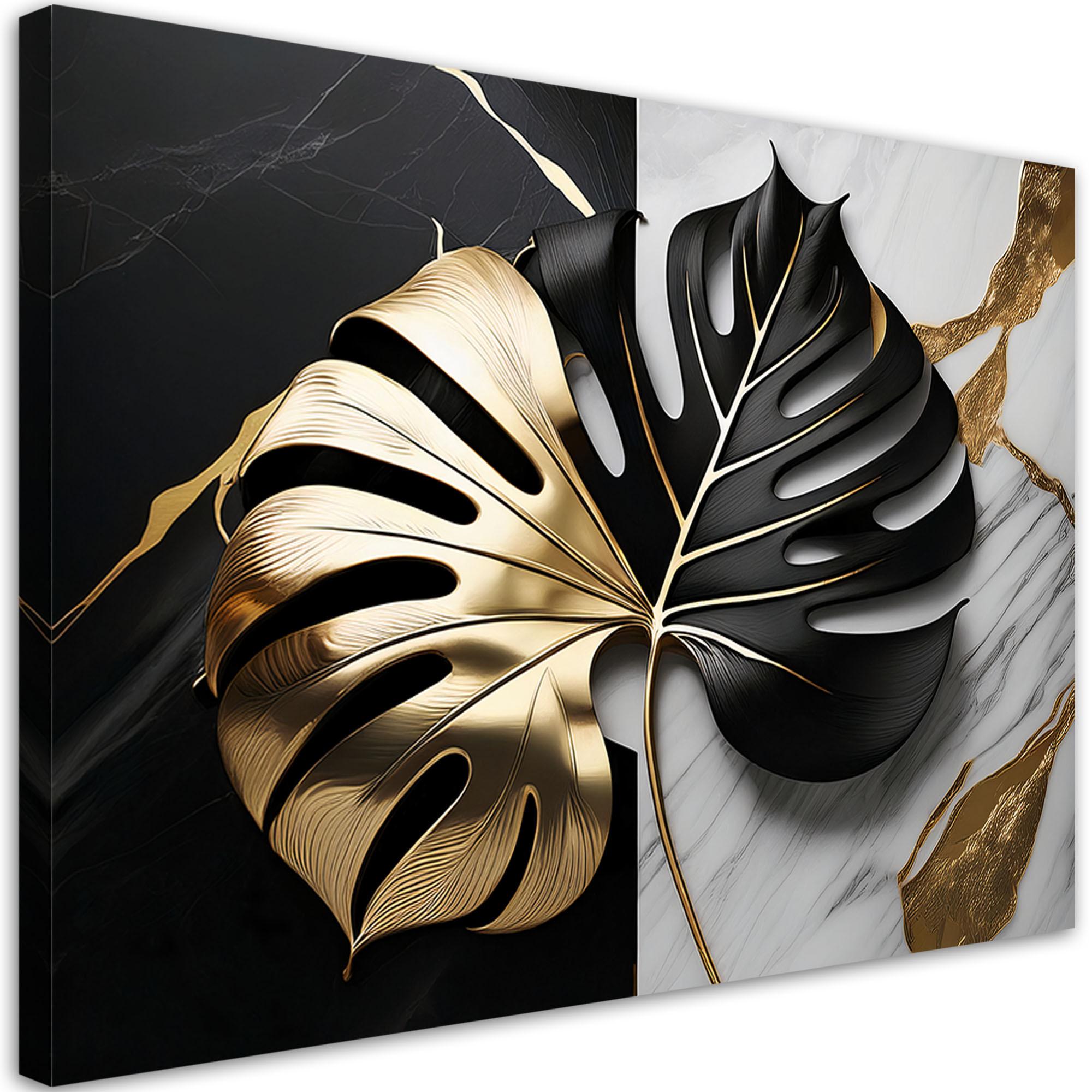 WANDBILD goldene und schwarze monstera auf weißem und schwarzem hintergrund - Schwarz, Textil (60/40cm) - Feeby