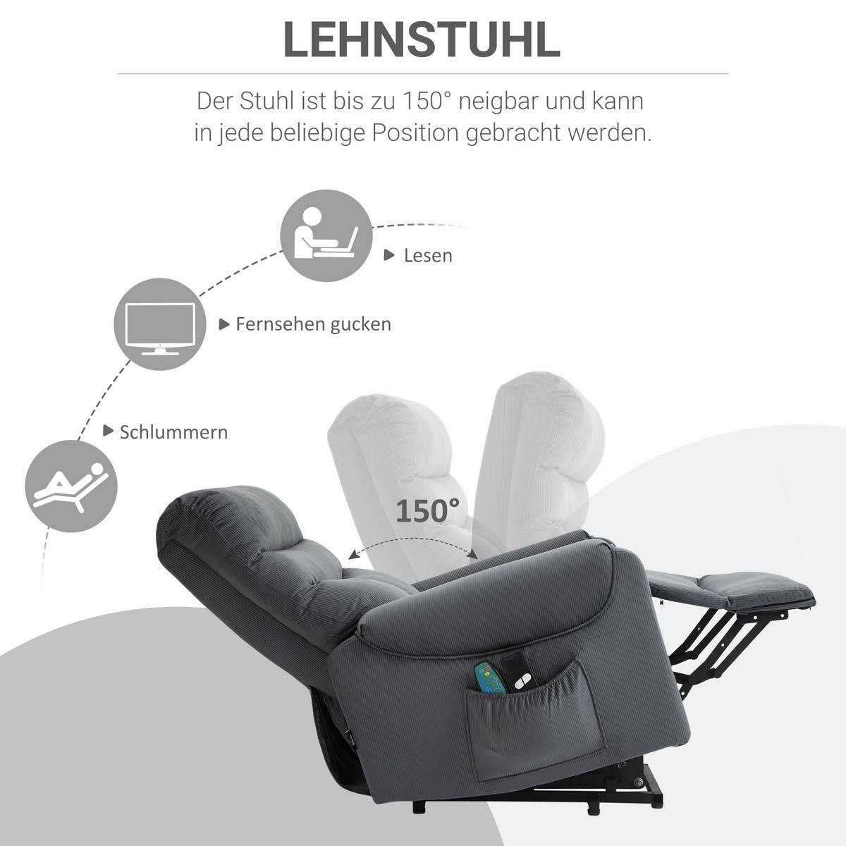 FERNSEHSESSEL Sessel mit Aufstehhilfe mit Massagefunktion Heizung Dunkelgrau - Dunkelgrau/Schwarz, Textil/Metall (93/110/83cm) - HOMCOM