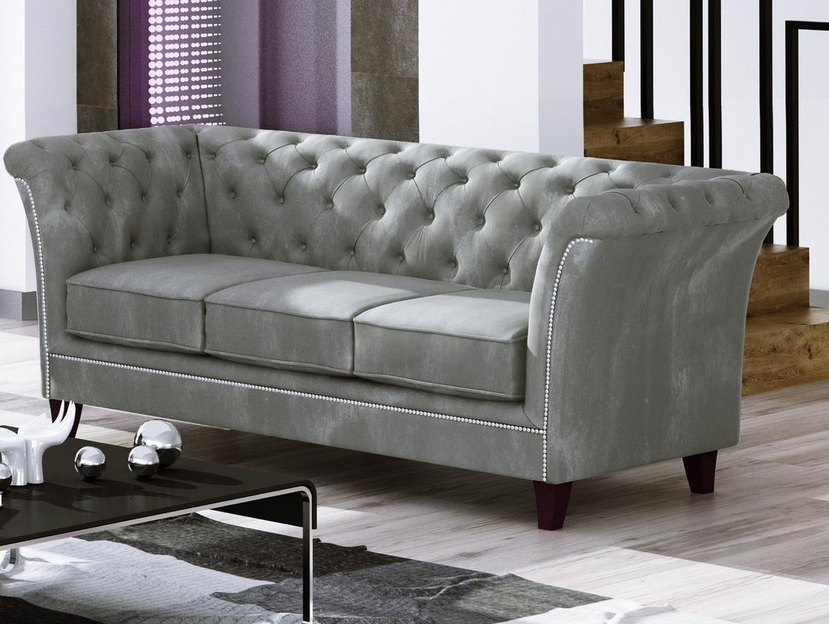 SITZGARNITUR 3+2+1 Chesterfield Fusion Grau Samt - Braun/Grau, Holz/Textil (237/75/82cm) - S-Style Möbel