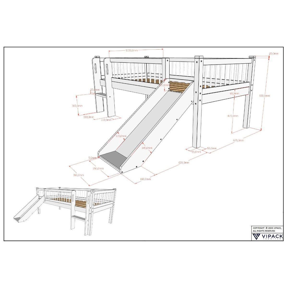 SPIELBETT 90x200 Keeley Buche Weiß mit Rutsche Leiter - Weiß, Holz (90/200cm) - 58aufmkessel