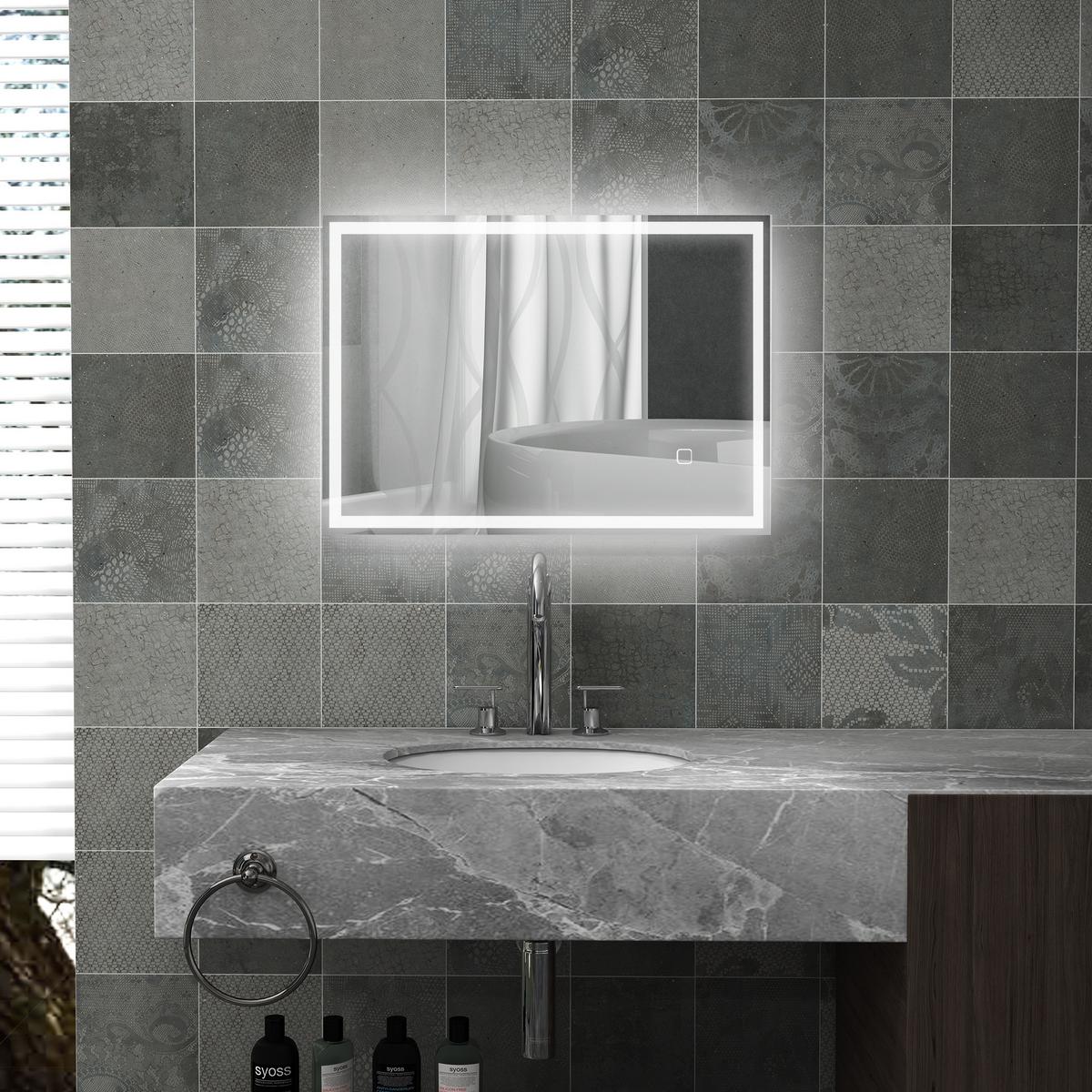 BADSPIEGEL, mit LED-Leuchte, 70 x 50 cm, beschlagfrei, mit Touchschalter, IP44 - Silberfarben, Glas (70/4/50cm) - HOMCOM