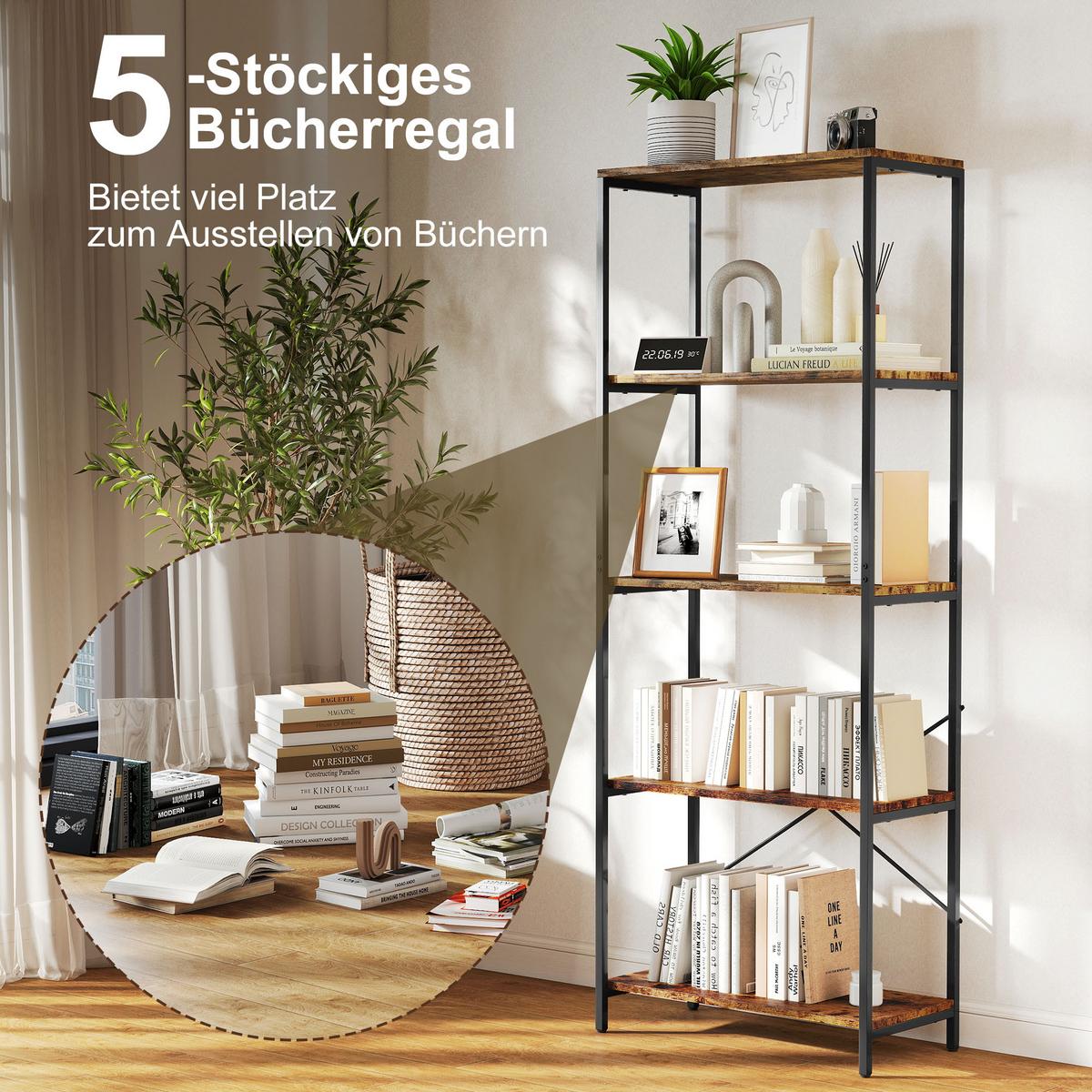 BÜCHERREGAL Standregal mit 5 Ebenen Büroregal Braun - Schwarz/Braun, Metall (35/161/79cm) - HOMCOM