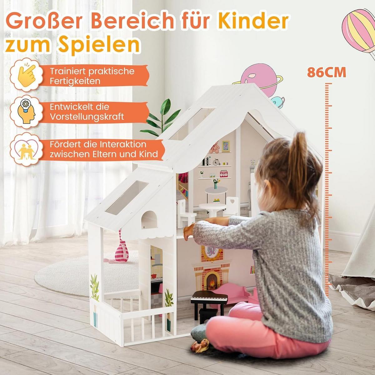 PUPPENHAUS 86cm Weiß - Weiß, Holz (81/86/30cm) - COSTWAY