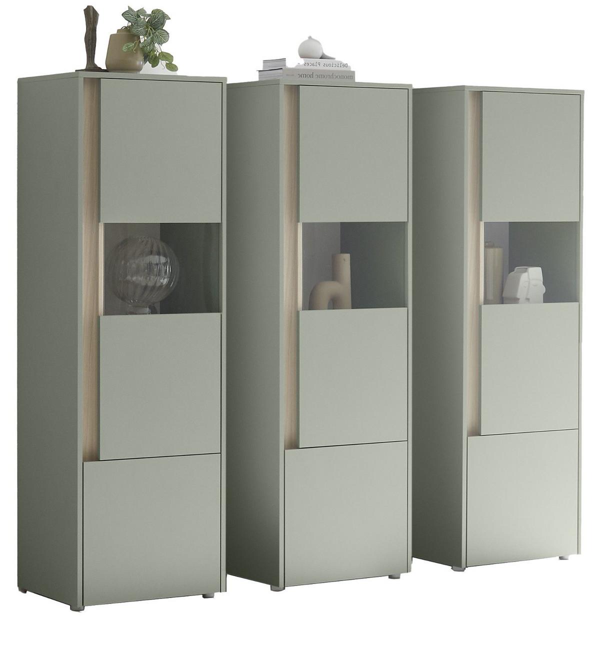SCHRANK-SET Salbei grün, Barista Eiche 190 cm, Vitrinen-Set mit 3x Vitrine je 50x 155 cm - Salbeigrün/Eichefarben, Glas/Holzwerkstoff (190/155/40cm) - Furn.Design
