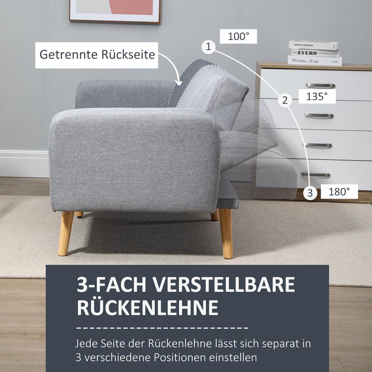 SCHLAFSOFA, 2-Sitzer Stoffsofa mit Schlaffunktion, 173 x 75 x 73 cm, Grau - Hellgrau/Naturfarben, Holz/Textil (75/73/173cm) - HOMCOM