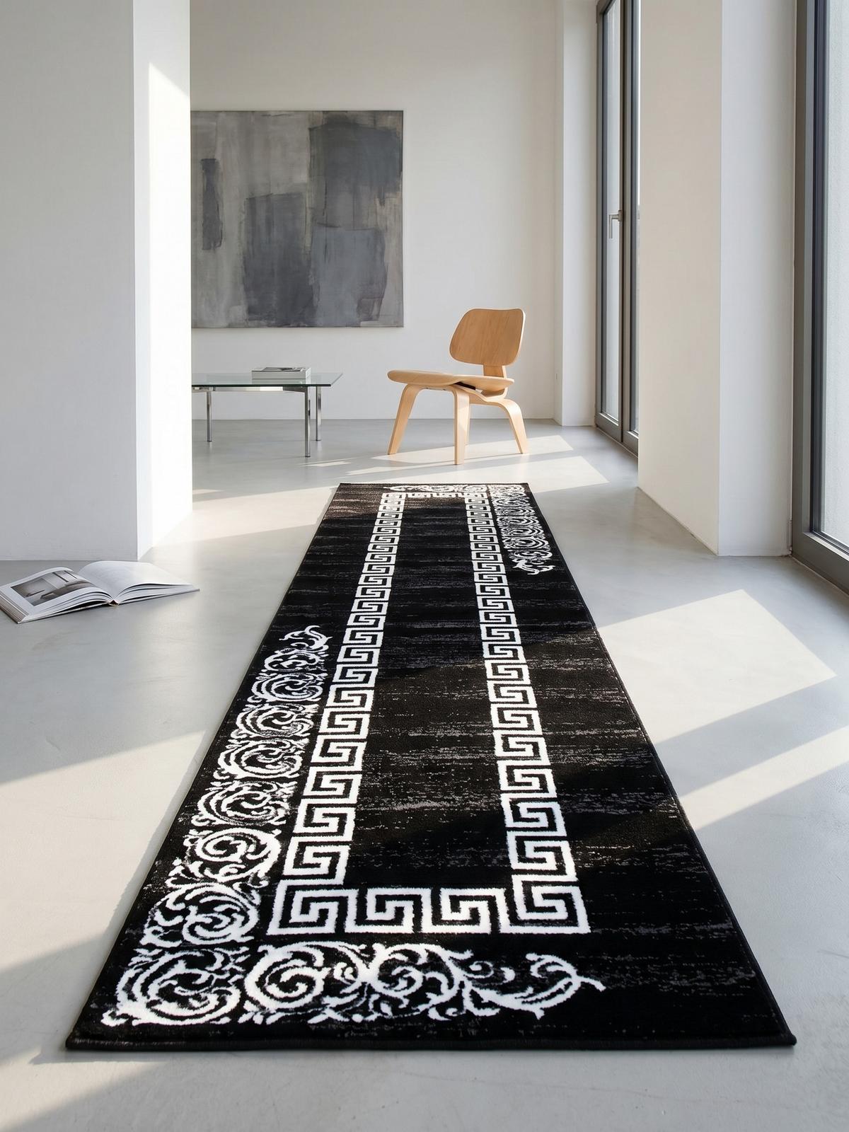 TEPPICH Kurzflor ASPEN in Schwarz, mit Mäander-Muster, 80 x 300 cm - Schwarz, Textil (80/300cm) - KADIMA DESIGN